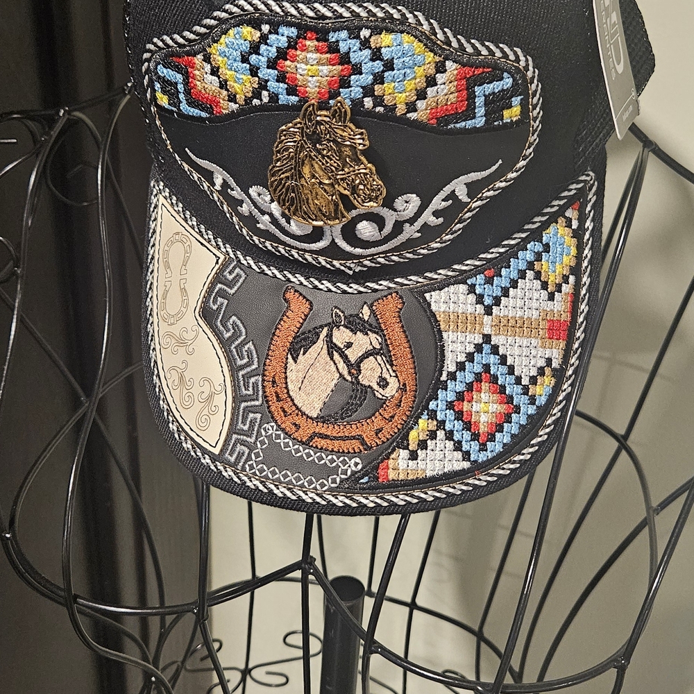 Embroidered Western Horse Patch Baseball Cap - Black with Multicolor Accents